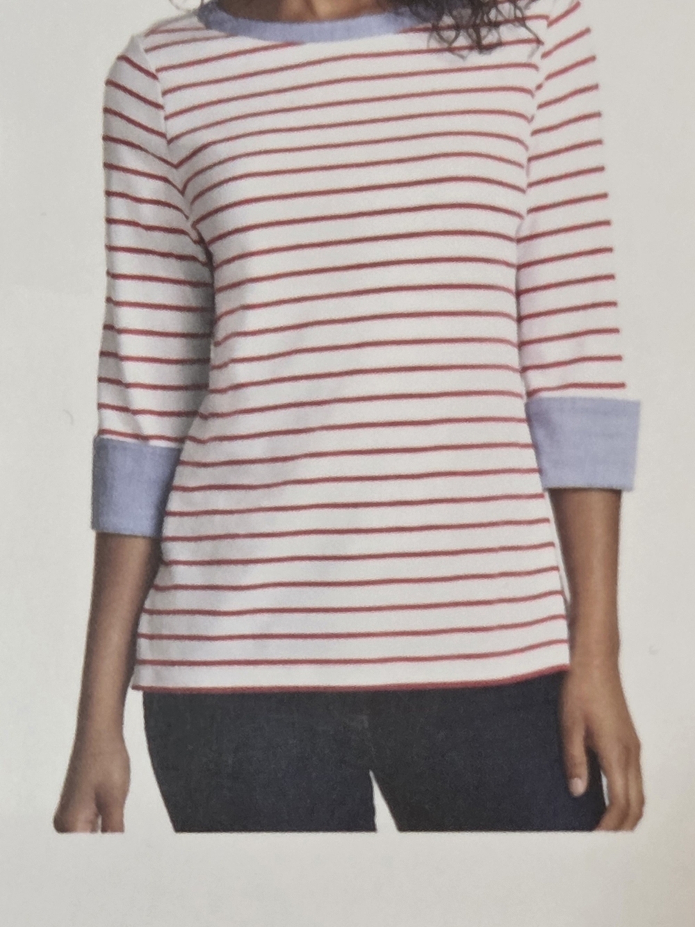 Nautica Striped Crewneck Top with Contrast Cuffs - White/Red